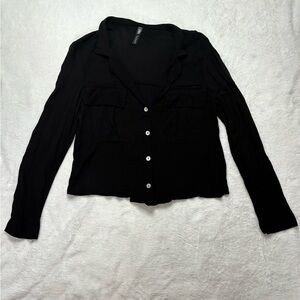 Zara Button Down Shirt Top Long Sleeve‎ Pockets Black Blouse Size M
